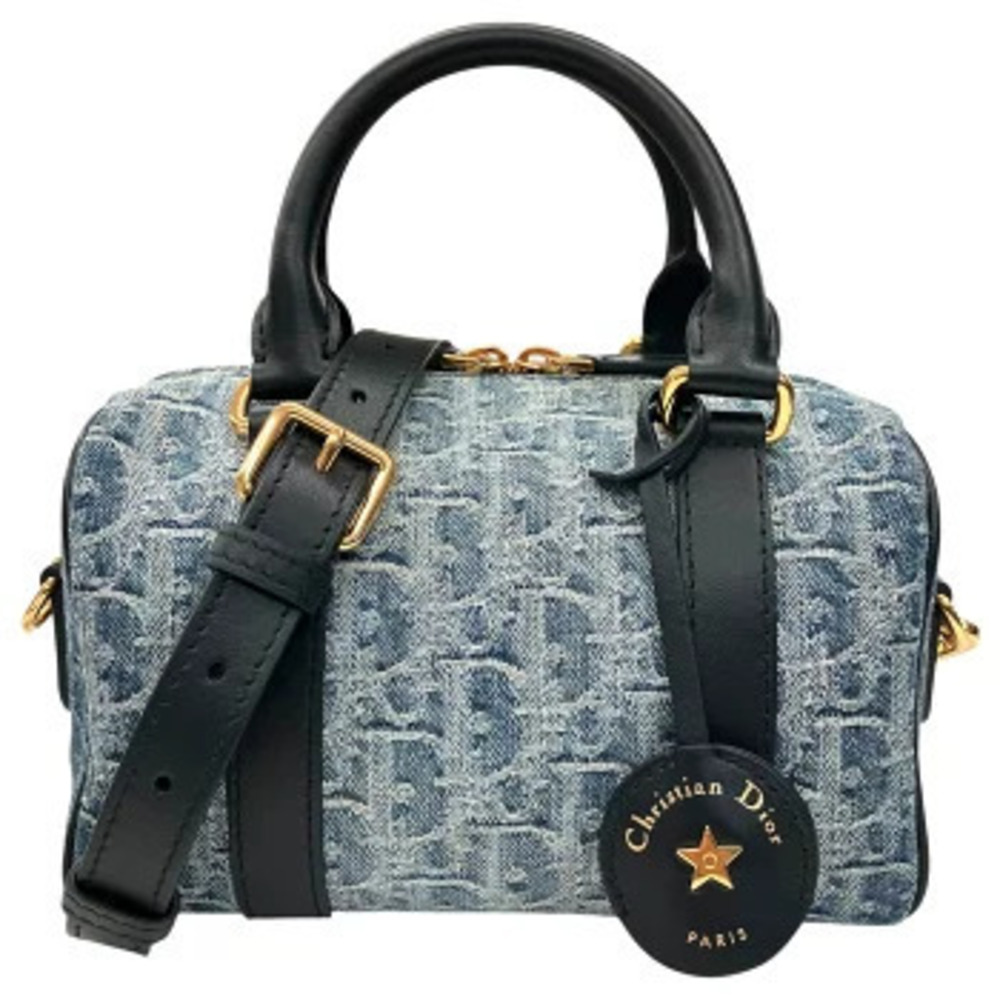 Christian Dior Groove Boston Bag Oblique Denim x Leather Handbag Blue